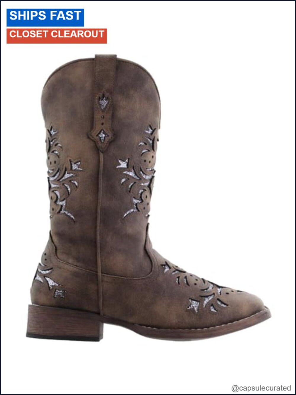 Faux Leather Square Toe Mid Calf Pull On Western Boots Low Heel